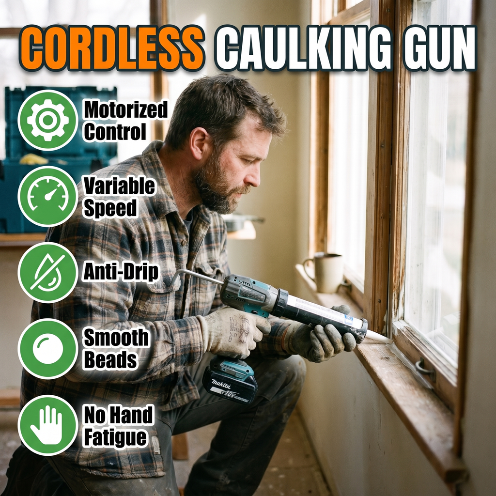 Cordless caulking gun: motorized control, variable speed, anti-drip, smooth beads, no hand fatigue