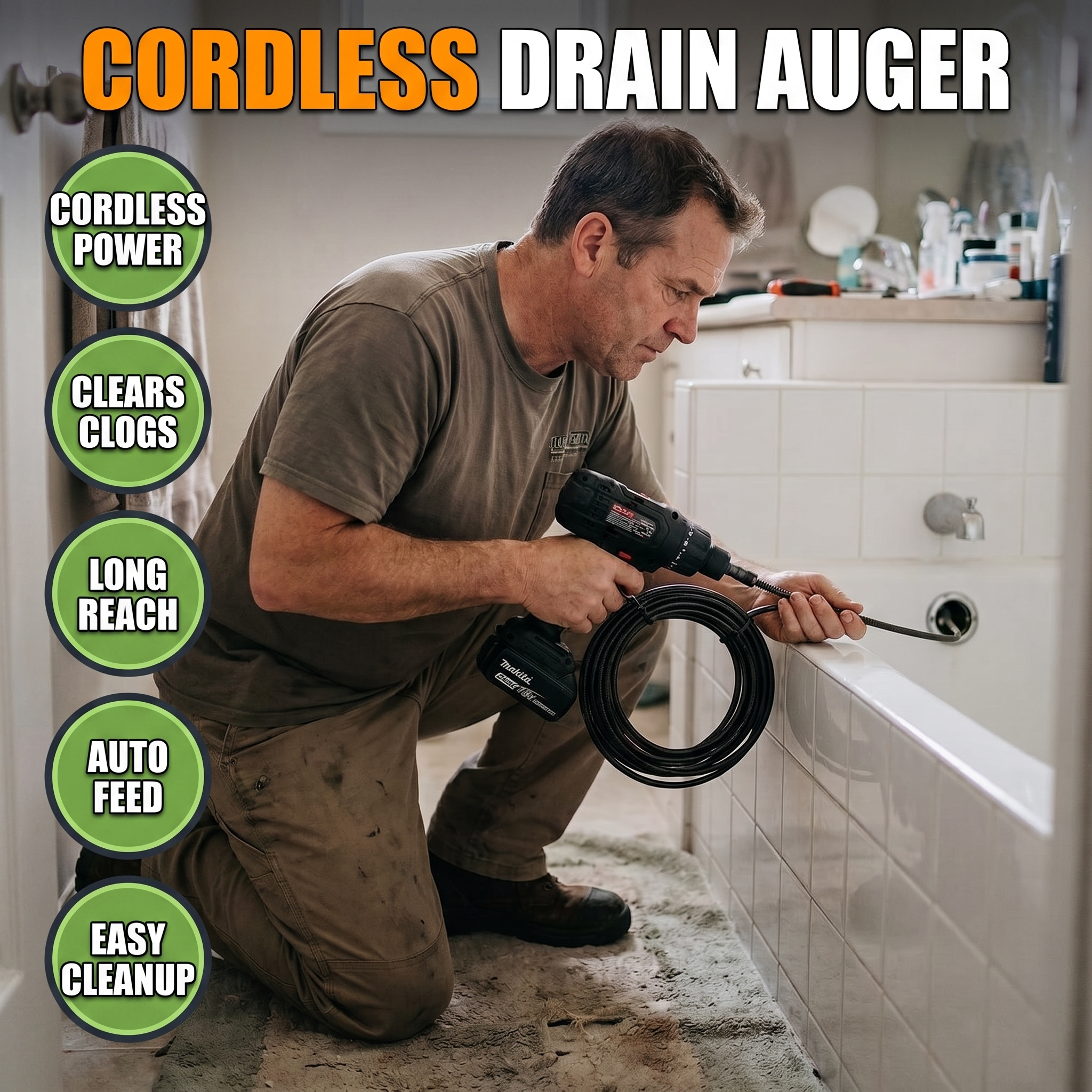 Cordless drain auger features