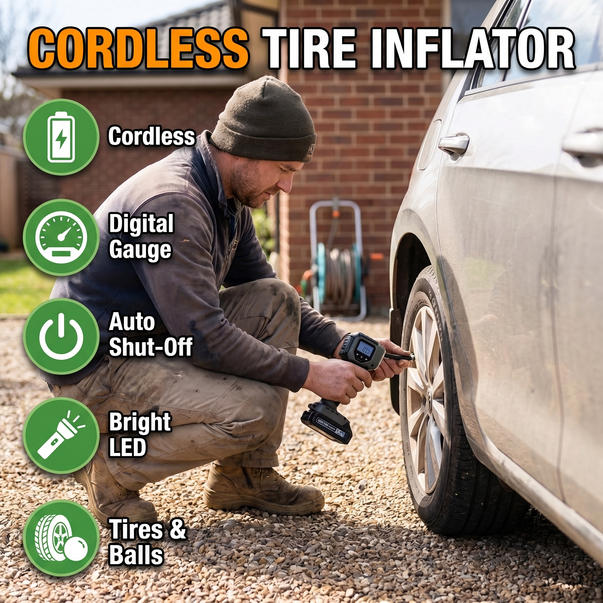 Cordless tire inflator features
