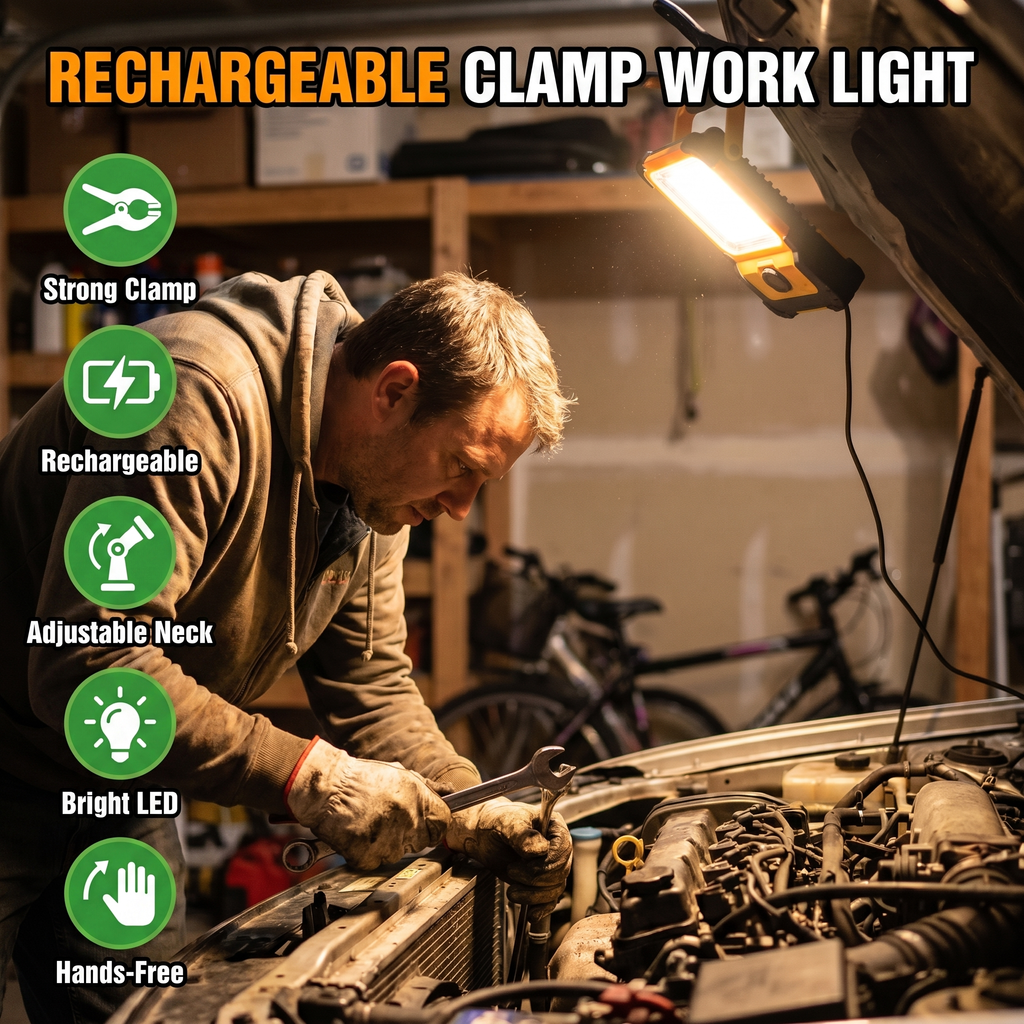 Rechargeable clamp work light features
